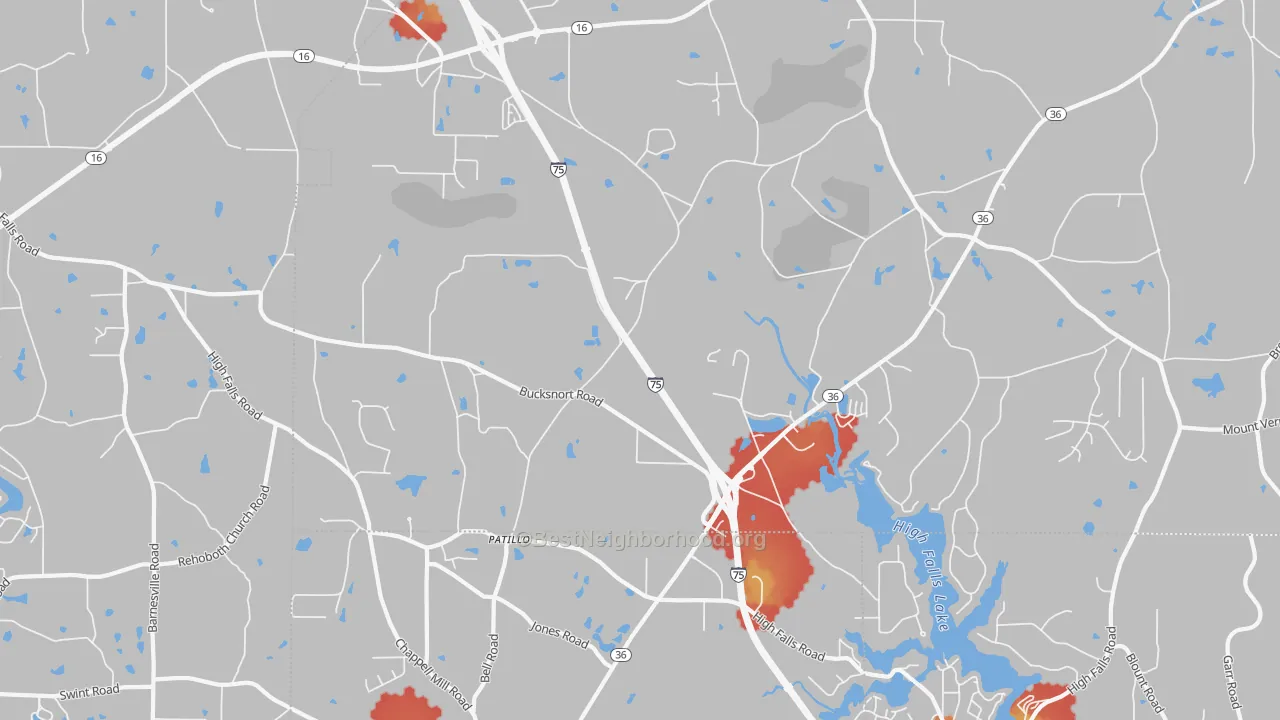 Walk Grade map of Patillo, GA, walkable areas in green and car-dependent areas in red