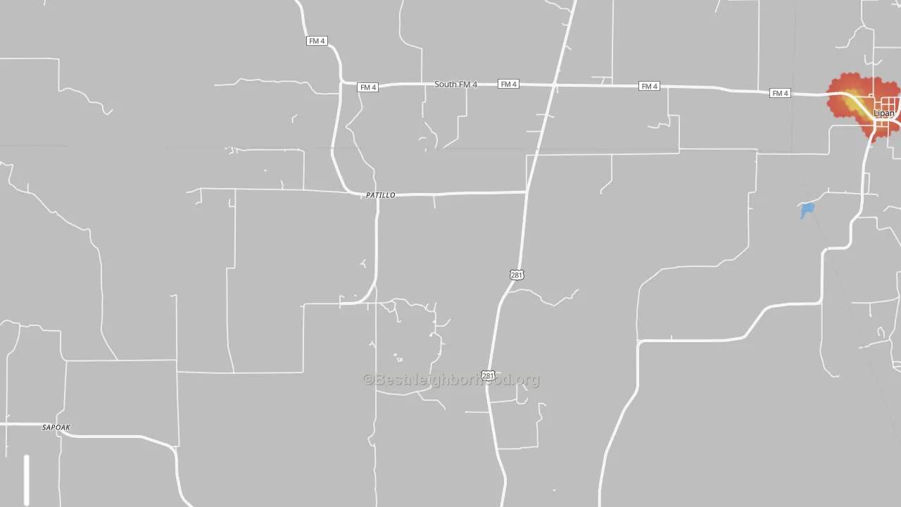 Walk Grade map of Patillo, TX, walkable areas in green and car-dependent areas in red
