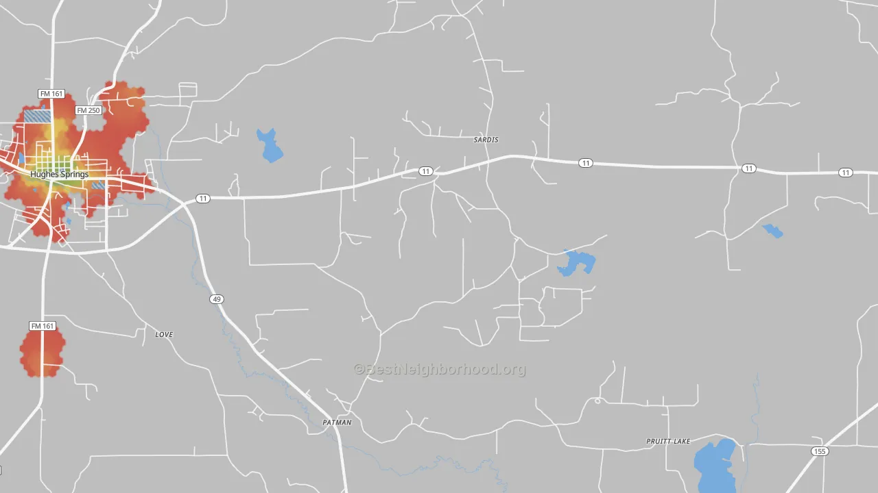 Walk Grade map of Patman, TX, walkable areas in green and car-dependent areas in red