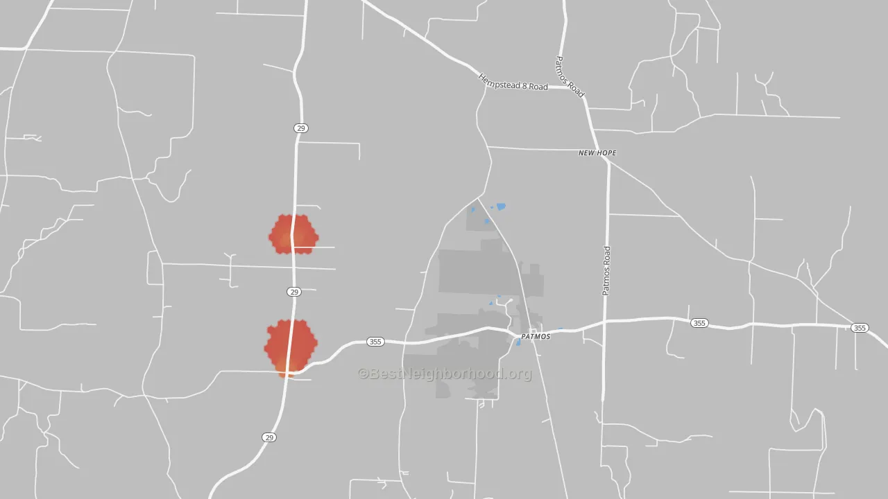 Walk Grade map of Patmos, AR, walkable areas in green and car-dependent areas in red