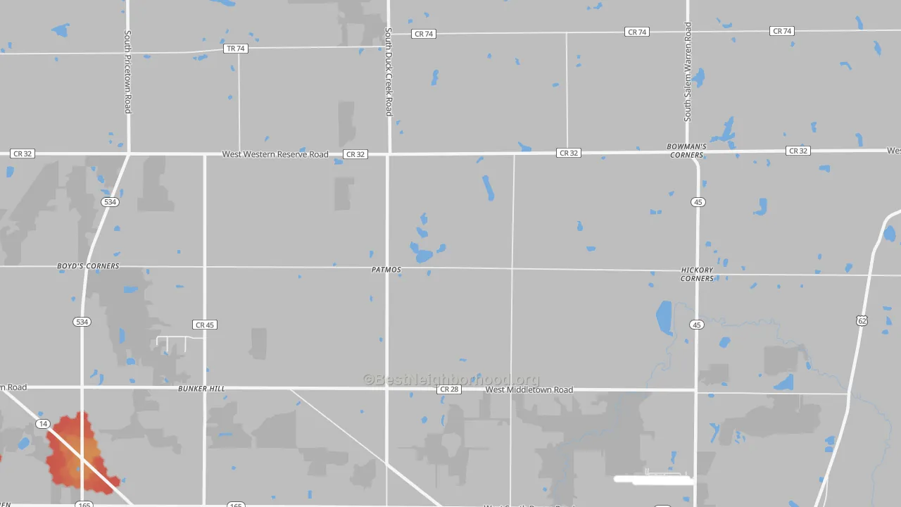 Walk Grade map of Patmos, OH, walkable areas in green and car-dependent areas in red