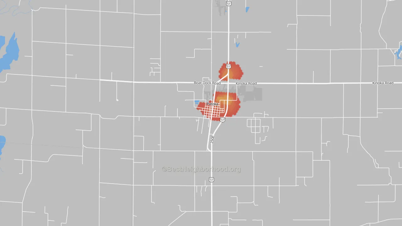 Walk Grade map of Patoka, IL, walkable areas in green and car-dependent areas in red