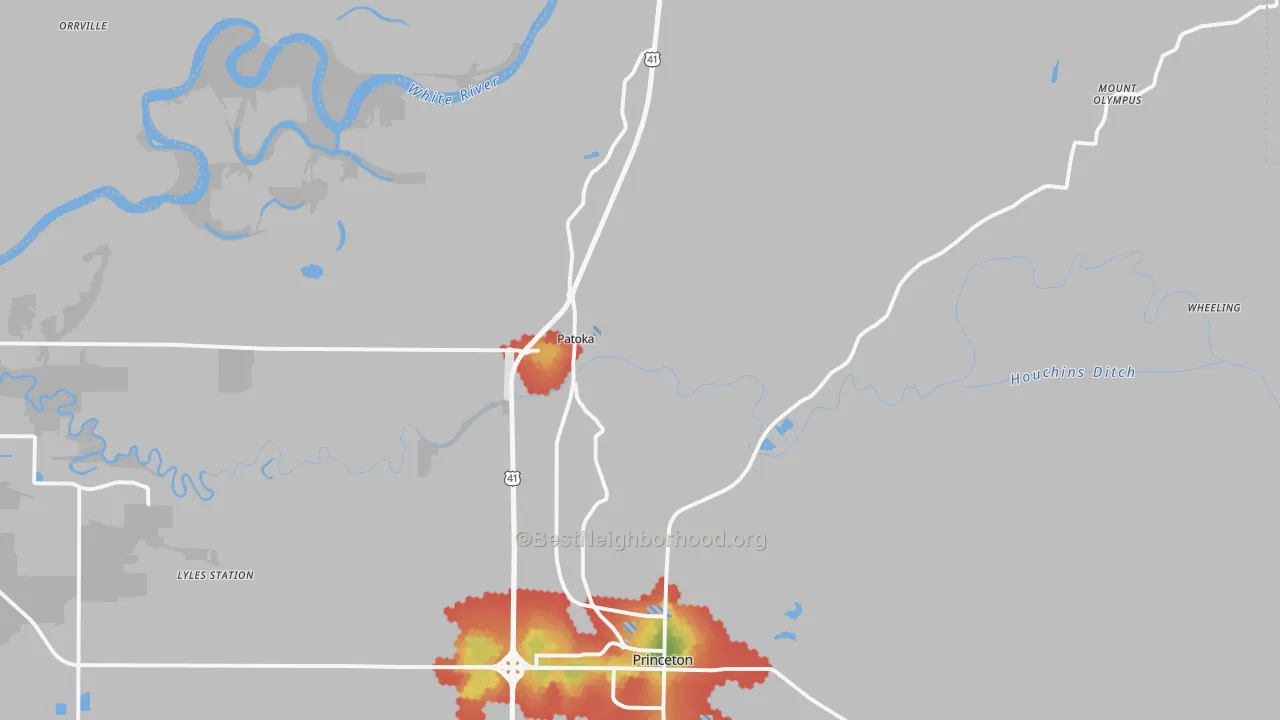 Walk Grade map of Patoka, IN, walkable areas in green and car-dependent areas in red