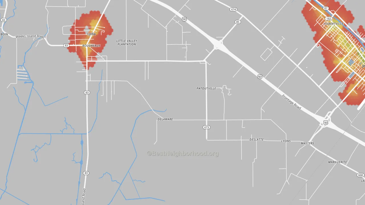 Walk Grade map of Patoutville, LA, walkable areas in green and car-dependent areas in red