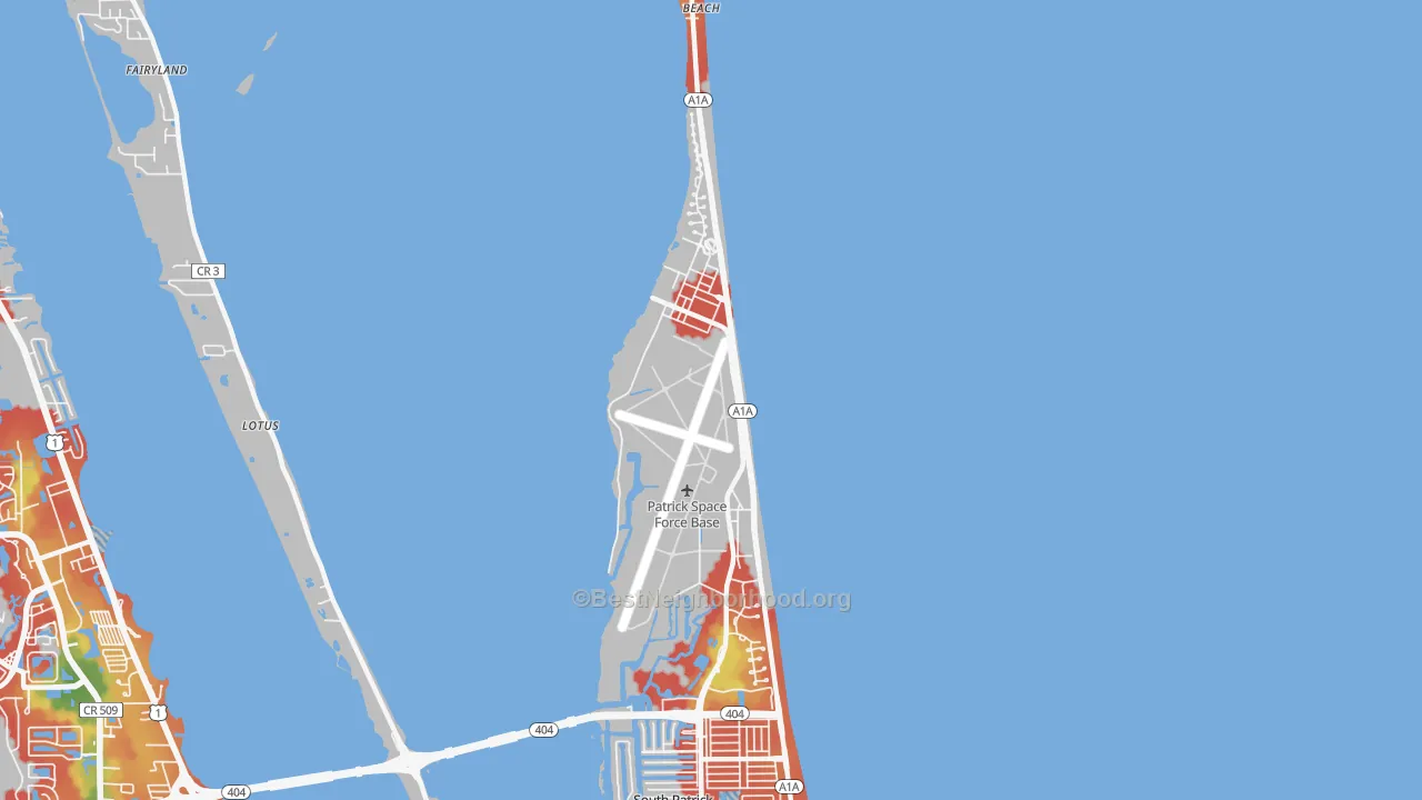 Walk Grade map of Patrick Afb, FL, walkable areas in green and car-dependent areas in red