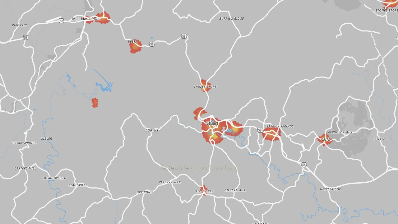 Walk Grade map of Patrick County, VA, walkable areas in green and car-dependent areas in red