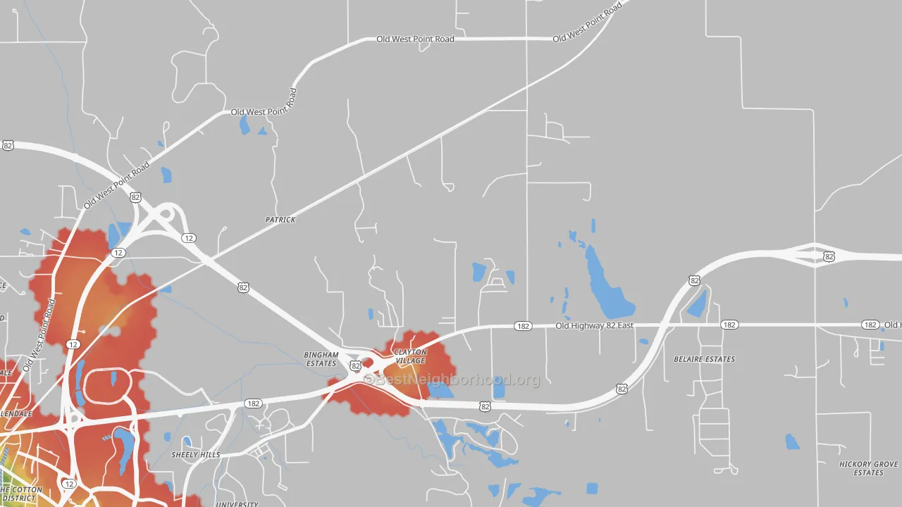 Walk Grade map of Patrick, MS, walkable areas in green and car-dependent areas in red