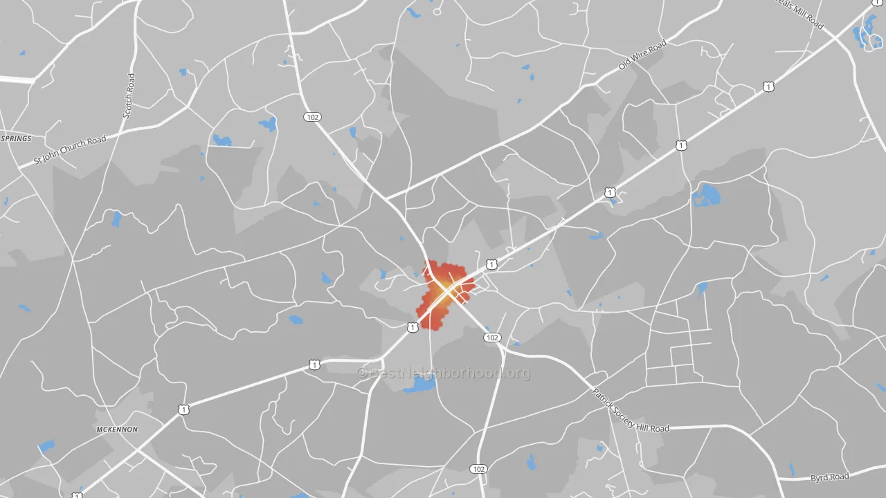 Walk Grade map of Patrick, SC, walkable areas in green and car-dependent areas in red