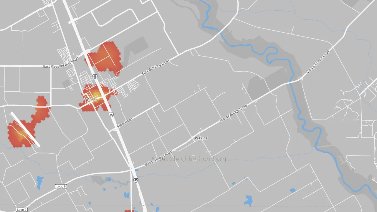 Walk Grade map of Patrick, TX, walkable areas in green and car-dependent areas in red