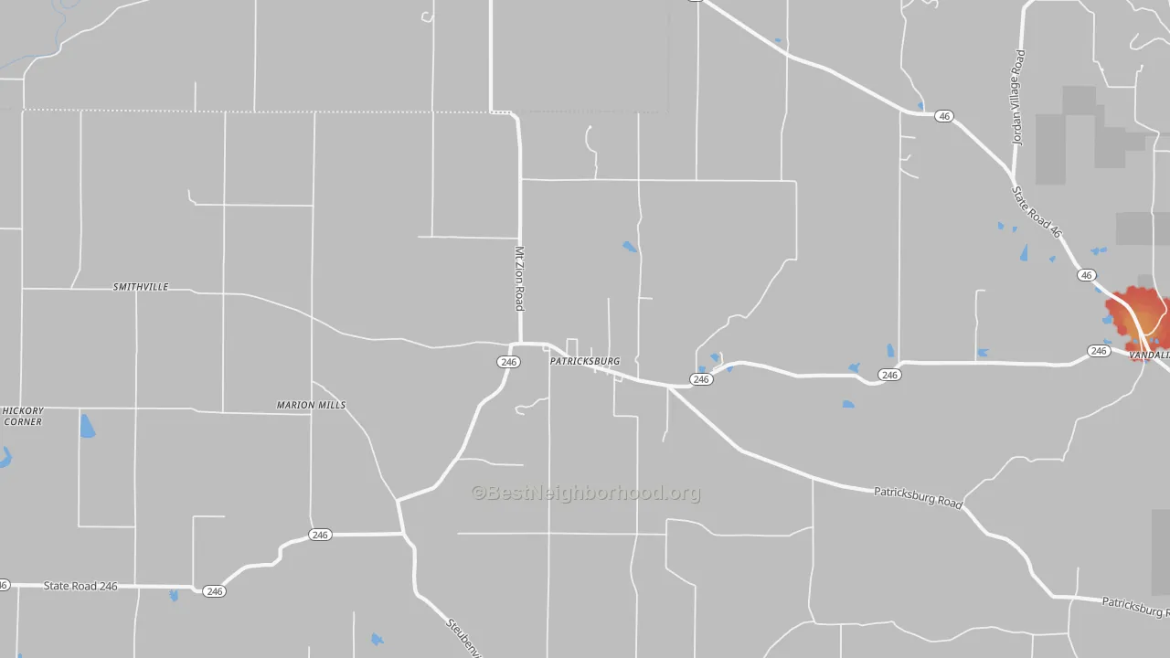 Walk Grade map of Patricksburg, IN, walkable areas in green and car-dependent areas in red