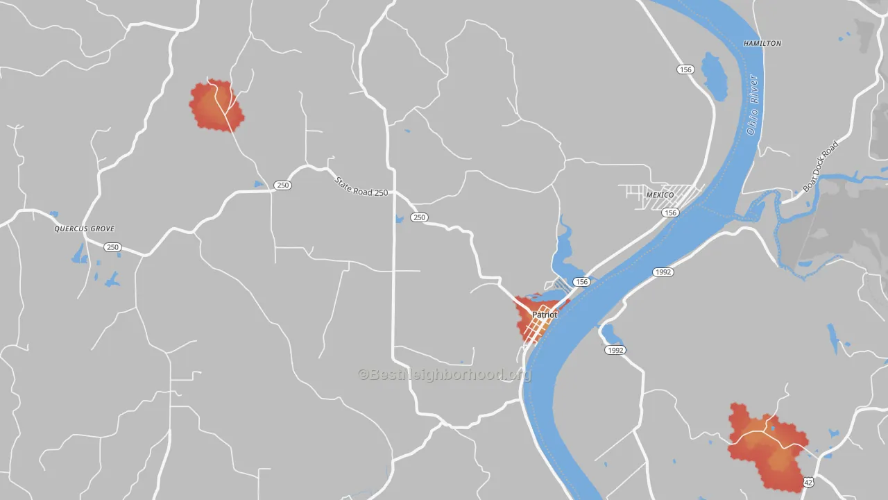 Walk Grade map of Patriot, IN, walkable areas in green and car-dependent areas in red