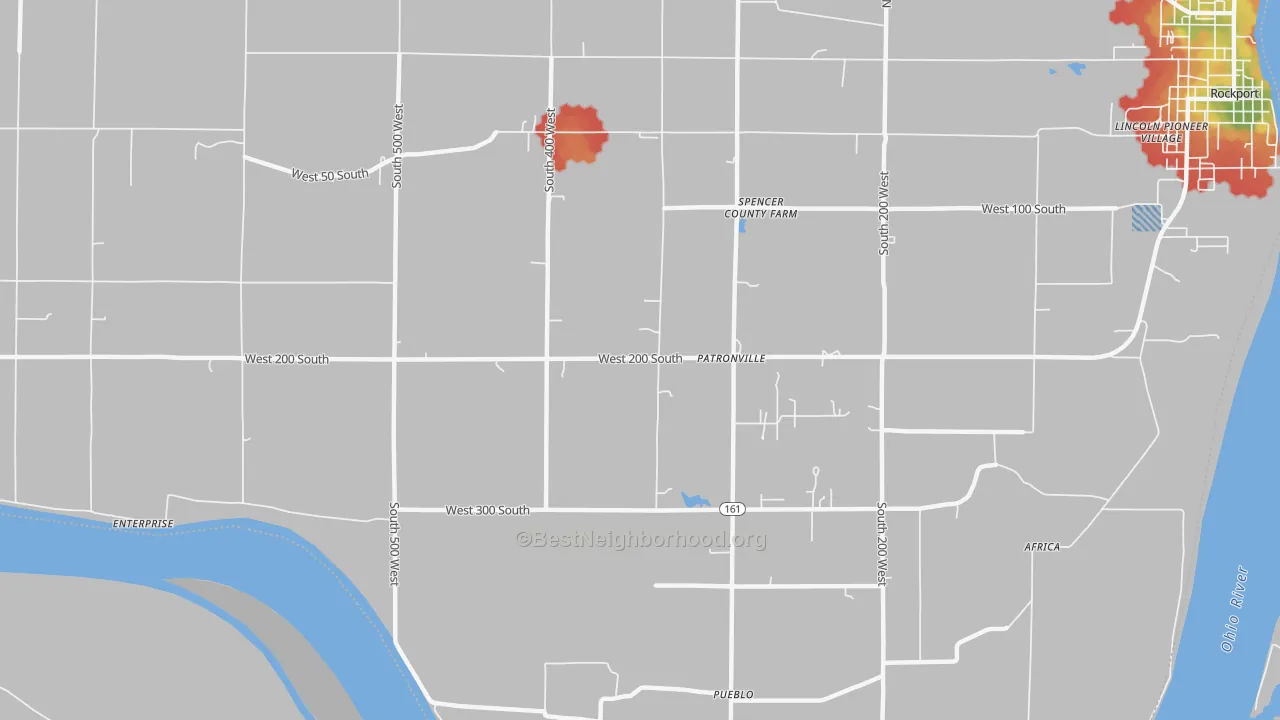 Walk Grade map of Patronville, IN, walkable areas in green and car-dependent areas in red