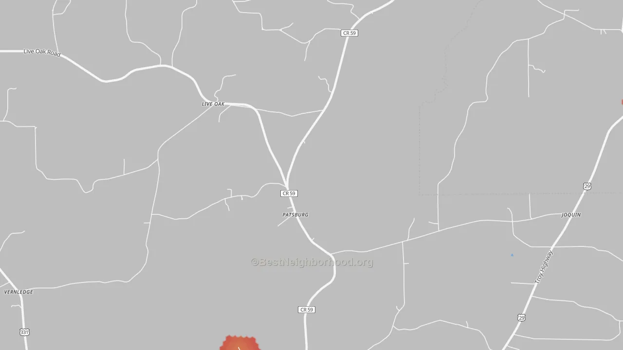 Walk Grade map of Patsburg, AL, walkable areas in green and car-dependent areas in red