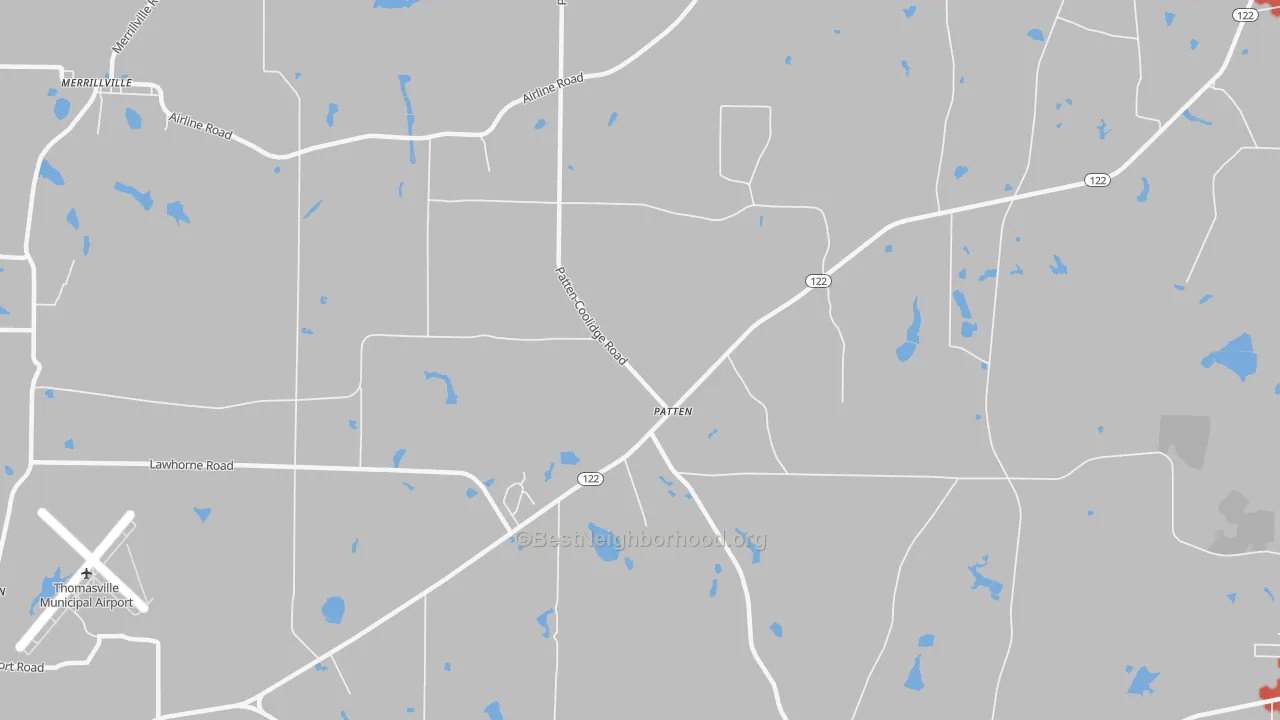 Walk Grade map of Patten, GA, walkable areas in green and car-dependent areas in red