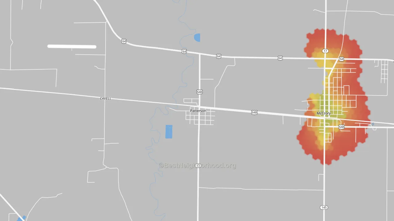 Walk Grade map of Patterson, AR, walkable areas in green and car-dependent areas in red