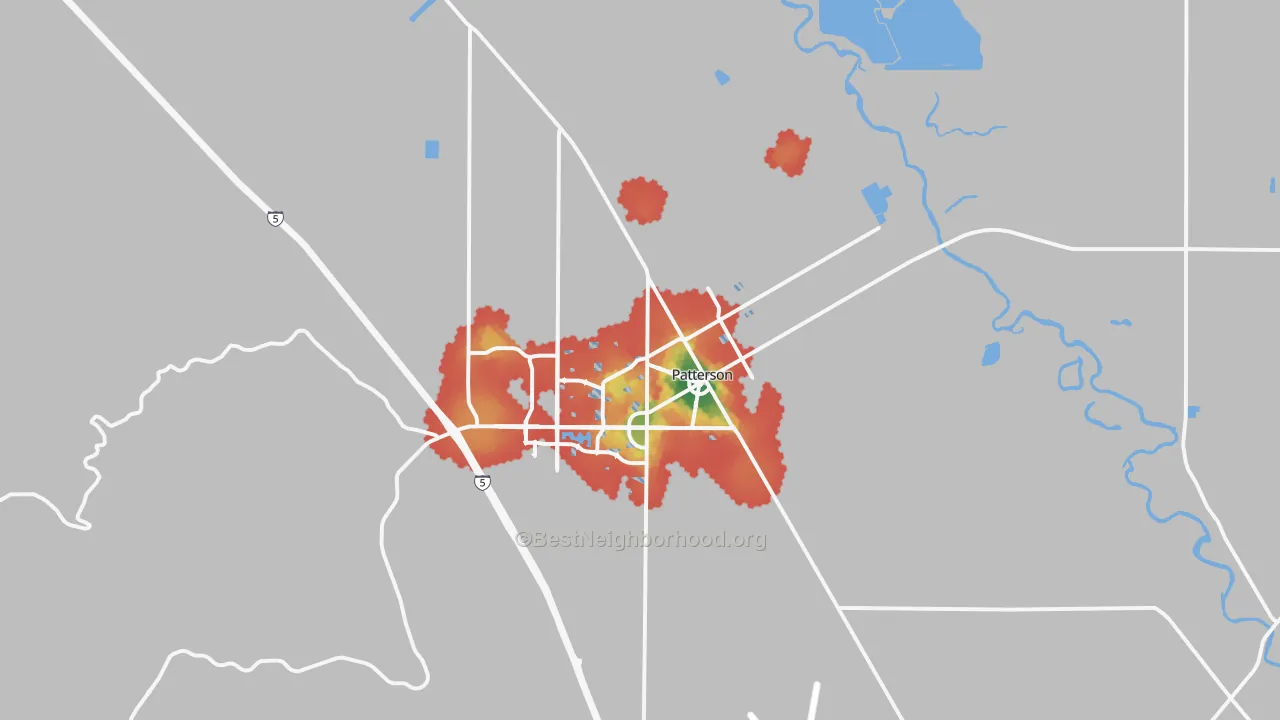 Walk Grade map of Patterson, CA, walkable areas in green and car-dependent areas in red