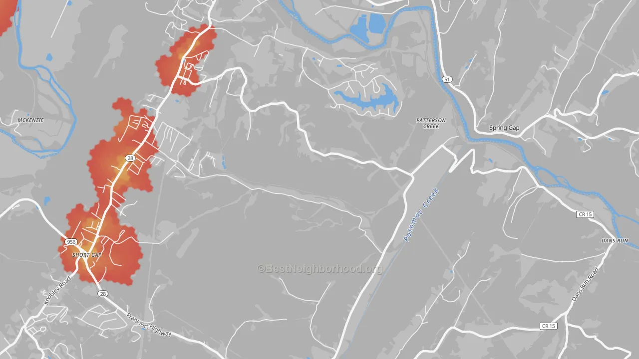 Walk Grade map of Patterson Creek, WV, walkable areas in green and car-dependent areas in red