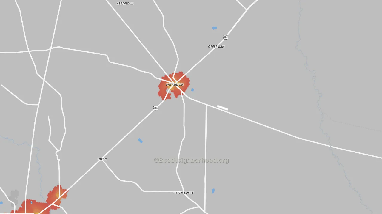Walk Grade map of Patterson, GA, walkable areas in green and car-dependent areas in red