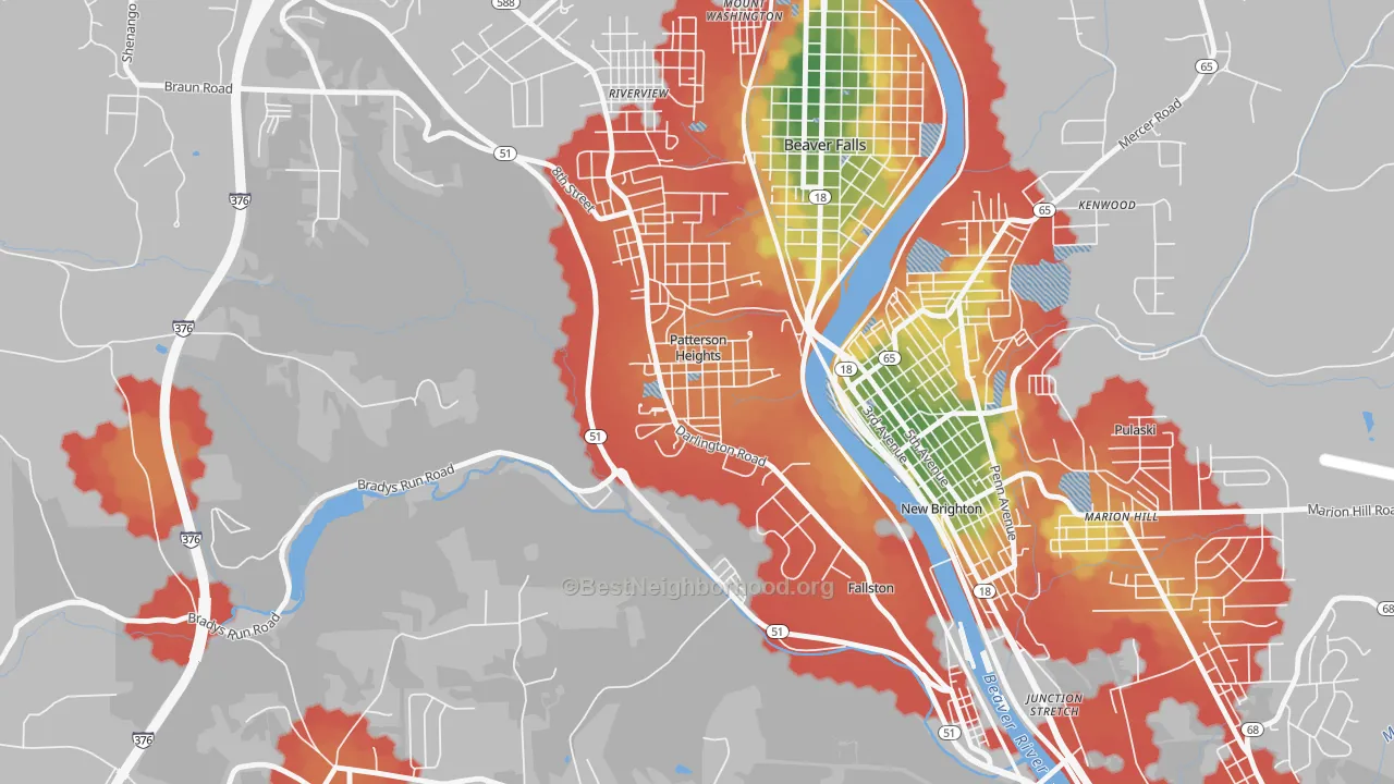 Walk Grade map of Patterson Heights, PA, walkable areas in green and car-dependent areas in red