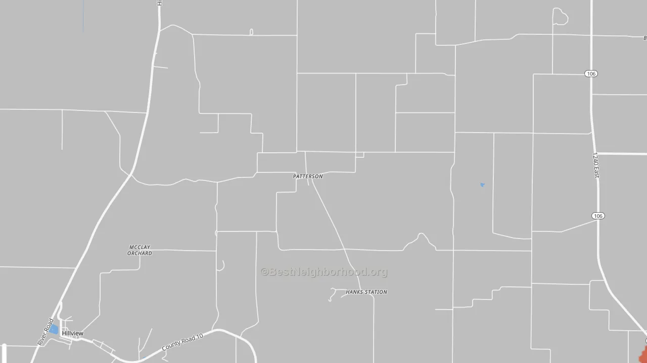 Walk Grade map of Patterson, IL, walkable areas in green and car-dependent areas in red