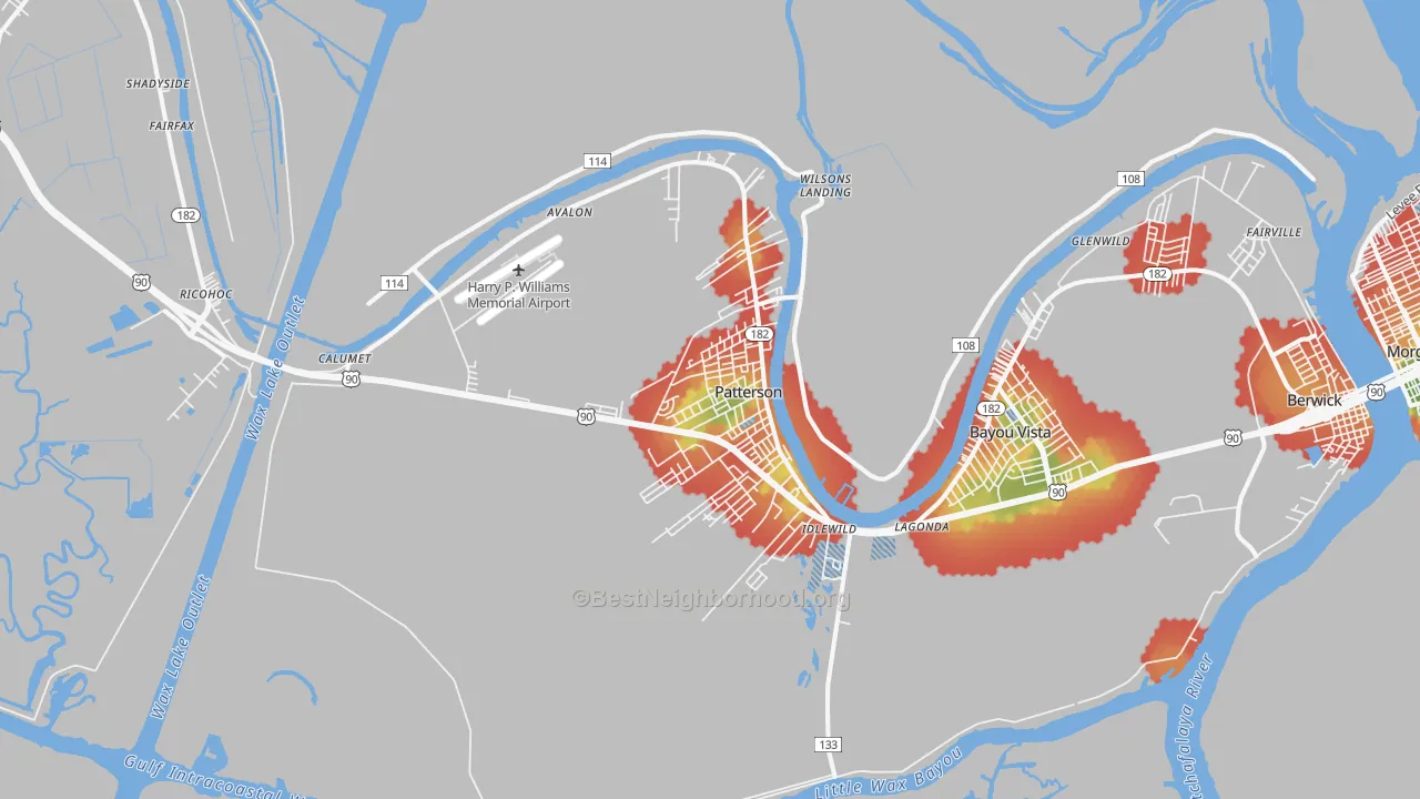 Walk Grade map of Patterson, LA, walkable areas in green and car-dependent areas in red