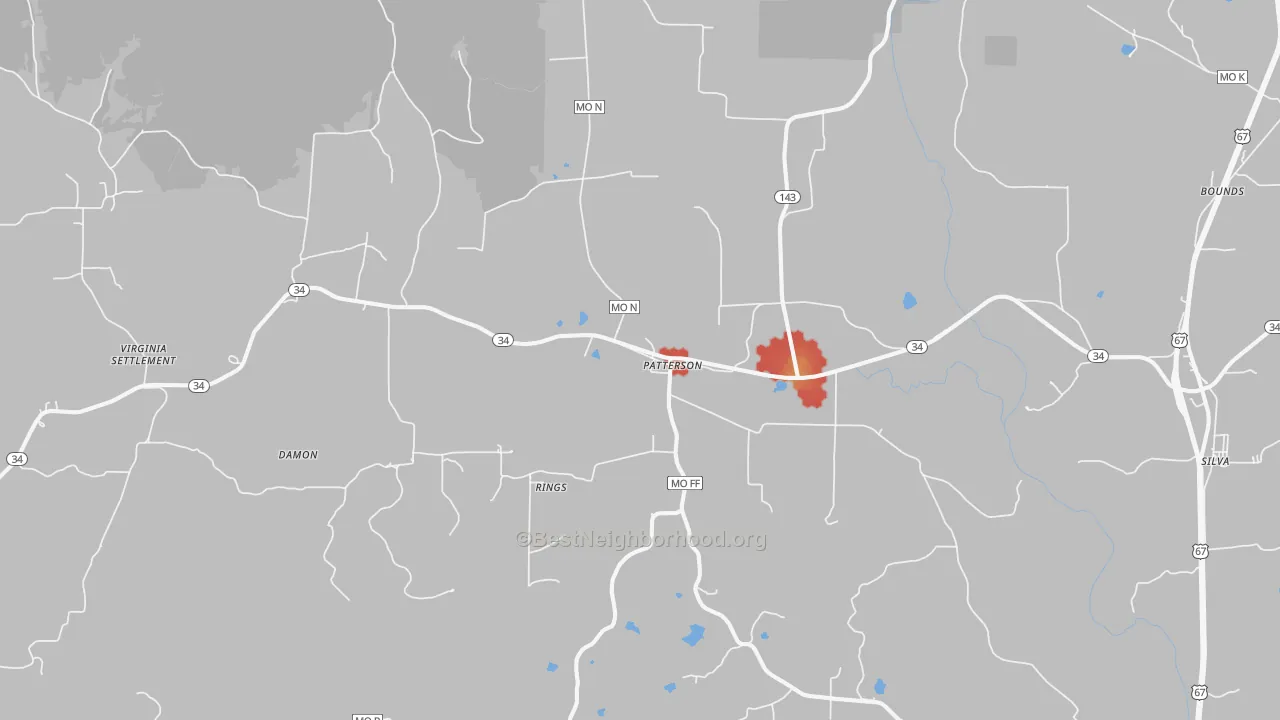 Walk Grade map of Patterson, MO, walkable areas in green and car-dependent areas in red