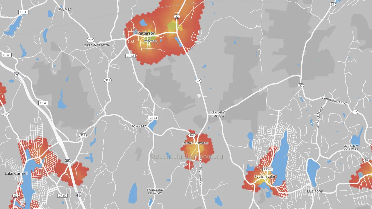Walk Grade map of Patterson, NY, walkable areas in green and car-dependent areas in red