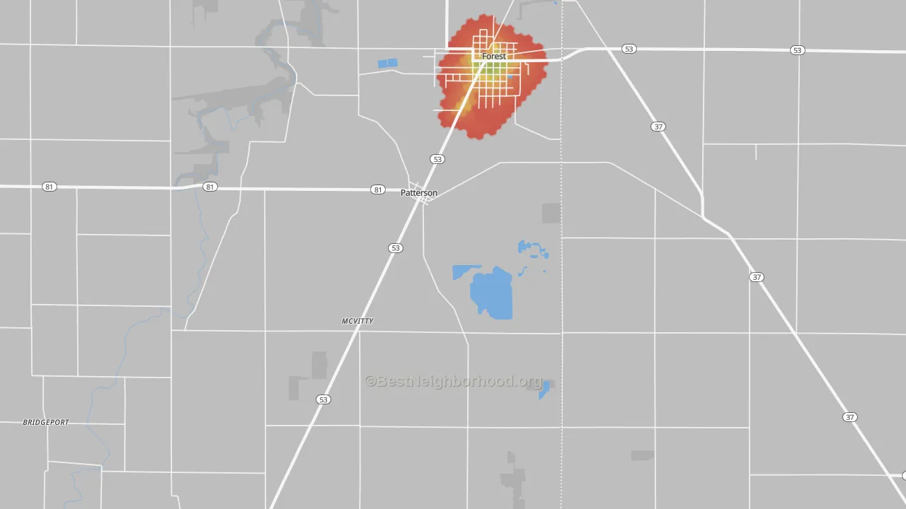 Walk Grade map of Patterson, OH, walkable areas in green and car-dependent areas in red