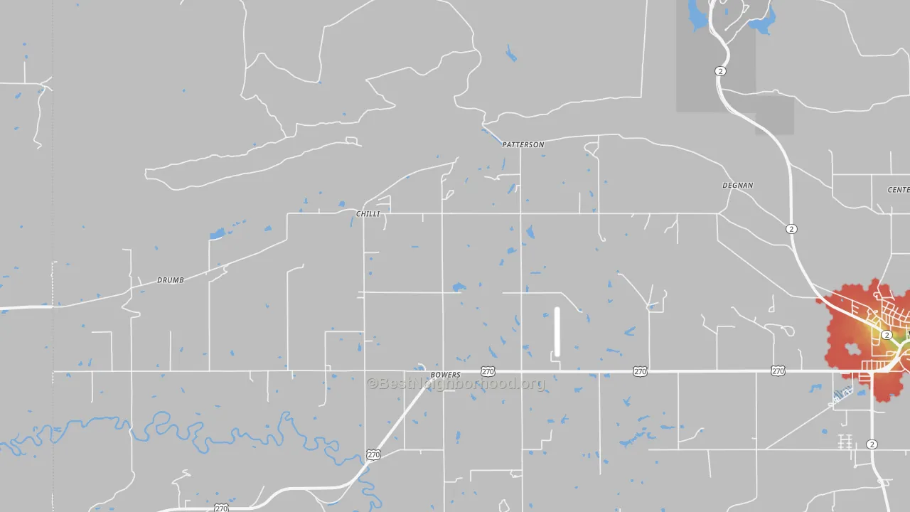 Walk Grade map of Patterson, OK, walkable areas in green and car-dependent areas in red