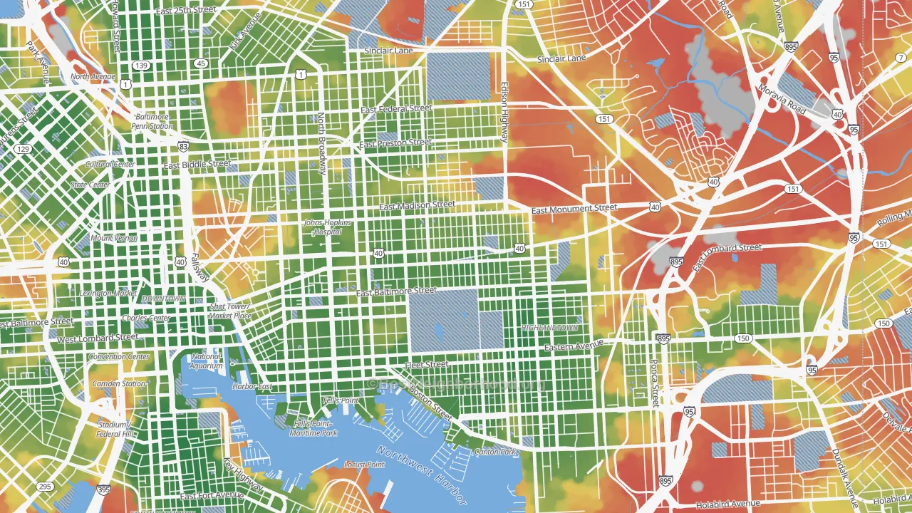 Walk Grade map of Patterson Park, Baltimore, MD, walkable areas in green and car-dependent areas in red