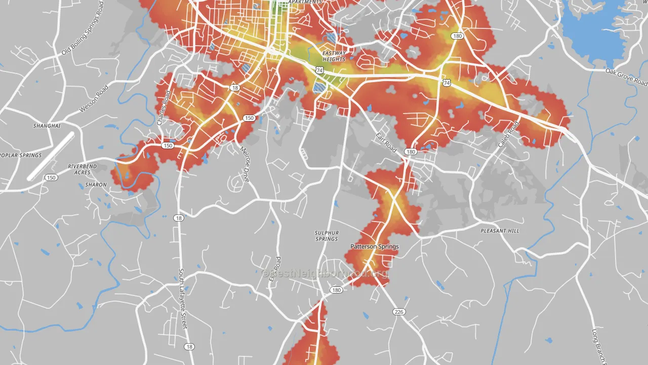 Walk Grade map of Patterson Springs, NC, walkable areas in green and car-dependent areas in red