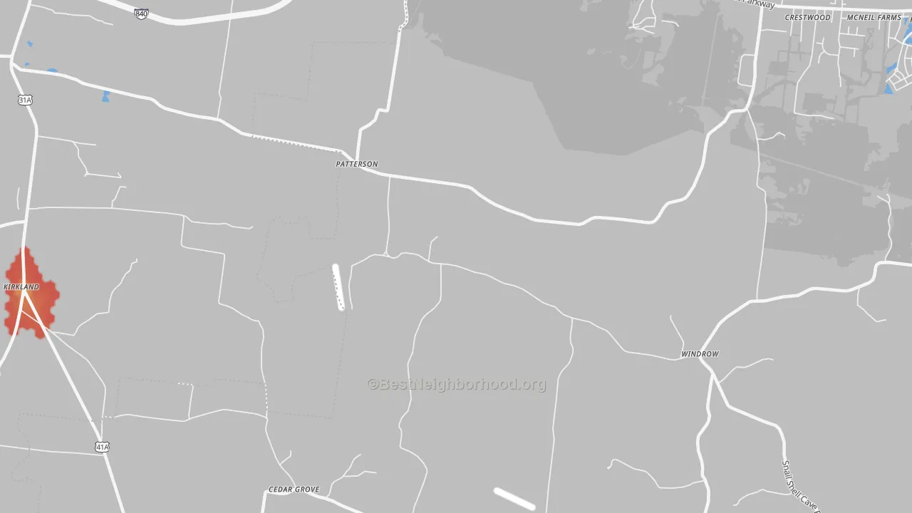Walk Grade map of Patterson, TN, walkable areas in green and car-dependent areas in red