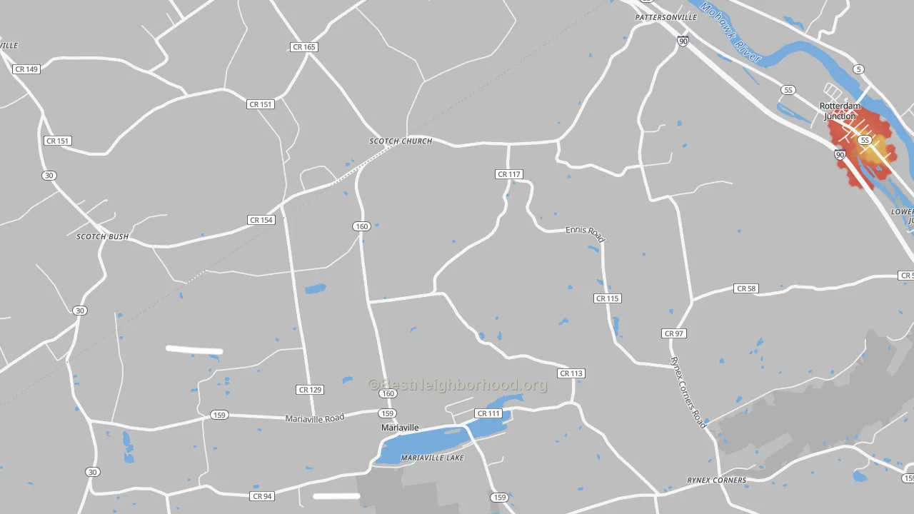 Walk Grade map of Pattersonville, NY, walkable areas in green and car-dependent areas in red