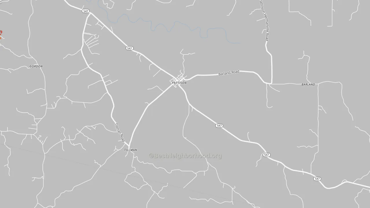Walk Grade map of Pattison, MS, walkable areas in green and car-dependent areas in red