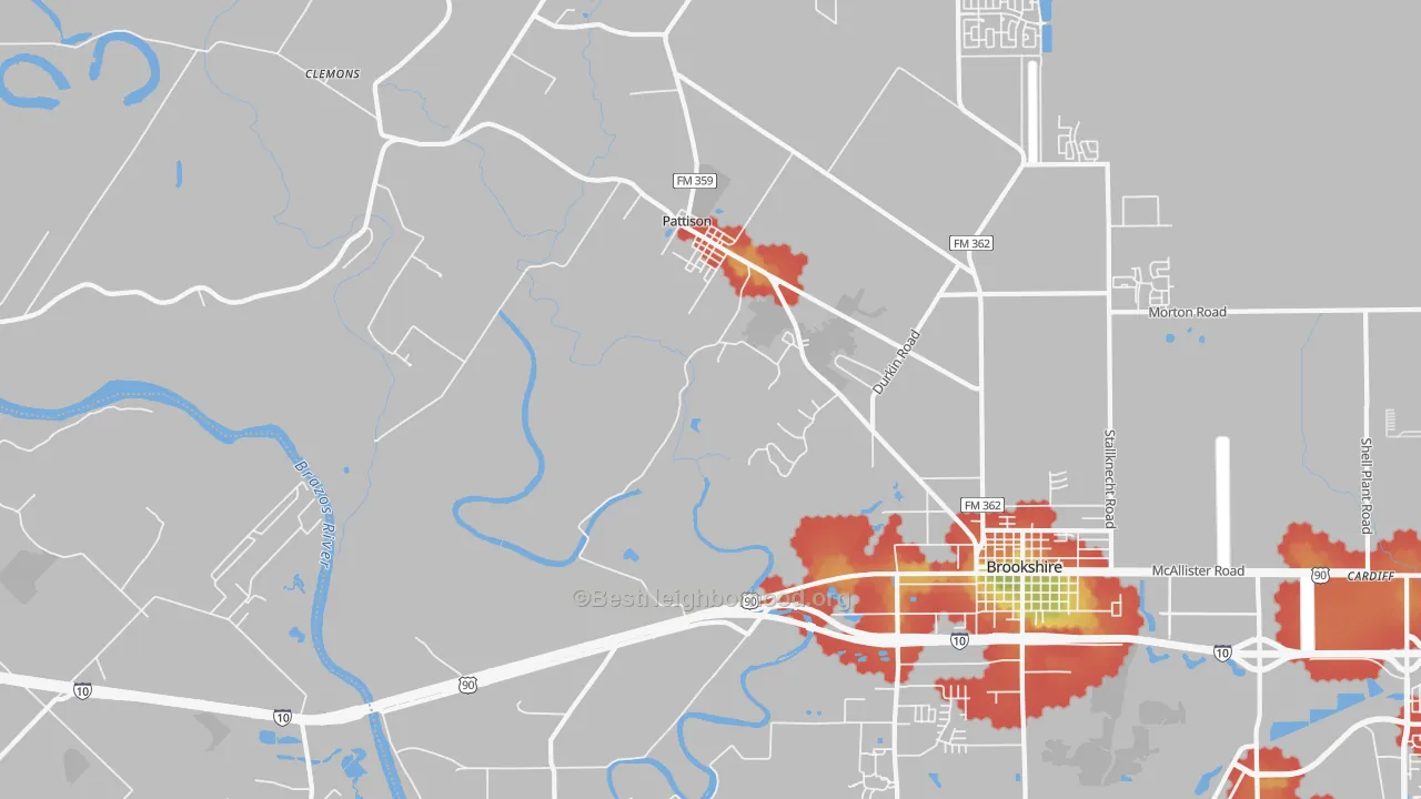 Walk Grade map of Pattison, TX, walkable areas in green and car-dependent areas in red