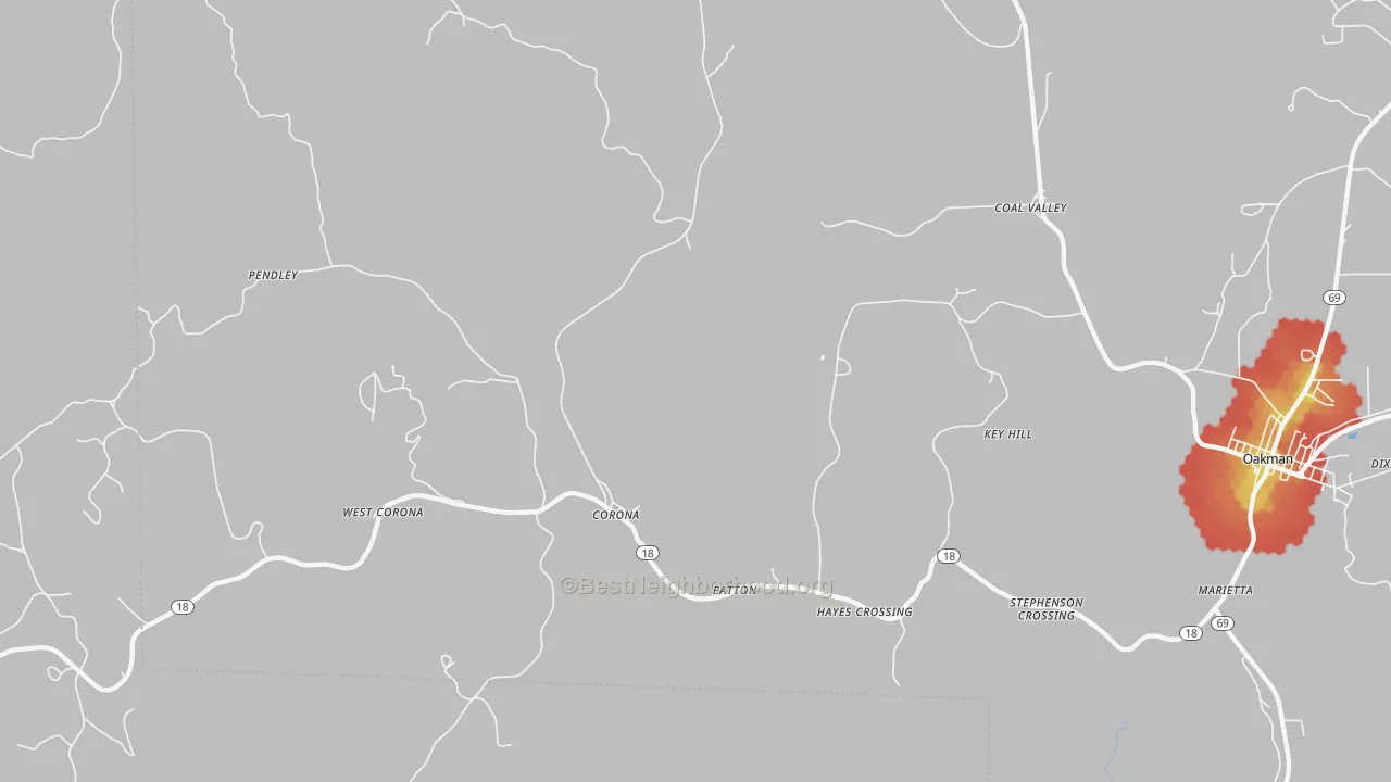 Walk Grade map of Patton, AL, walkable areas in green and car-dependent areas in red