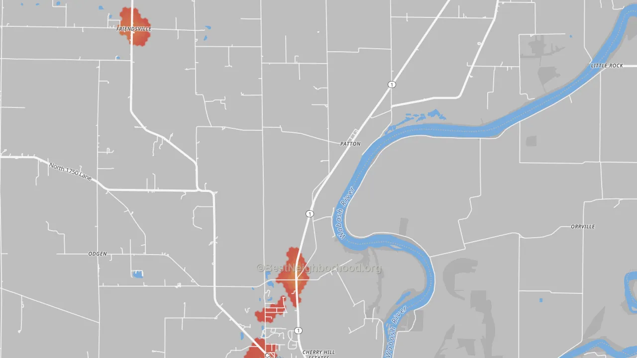 Walk Grade map of Patton, IL, walkable areas in green and car-dependent areas in red
