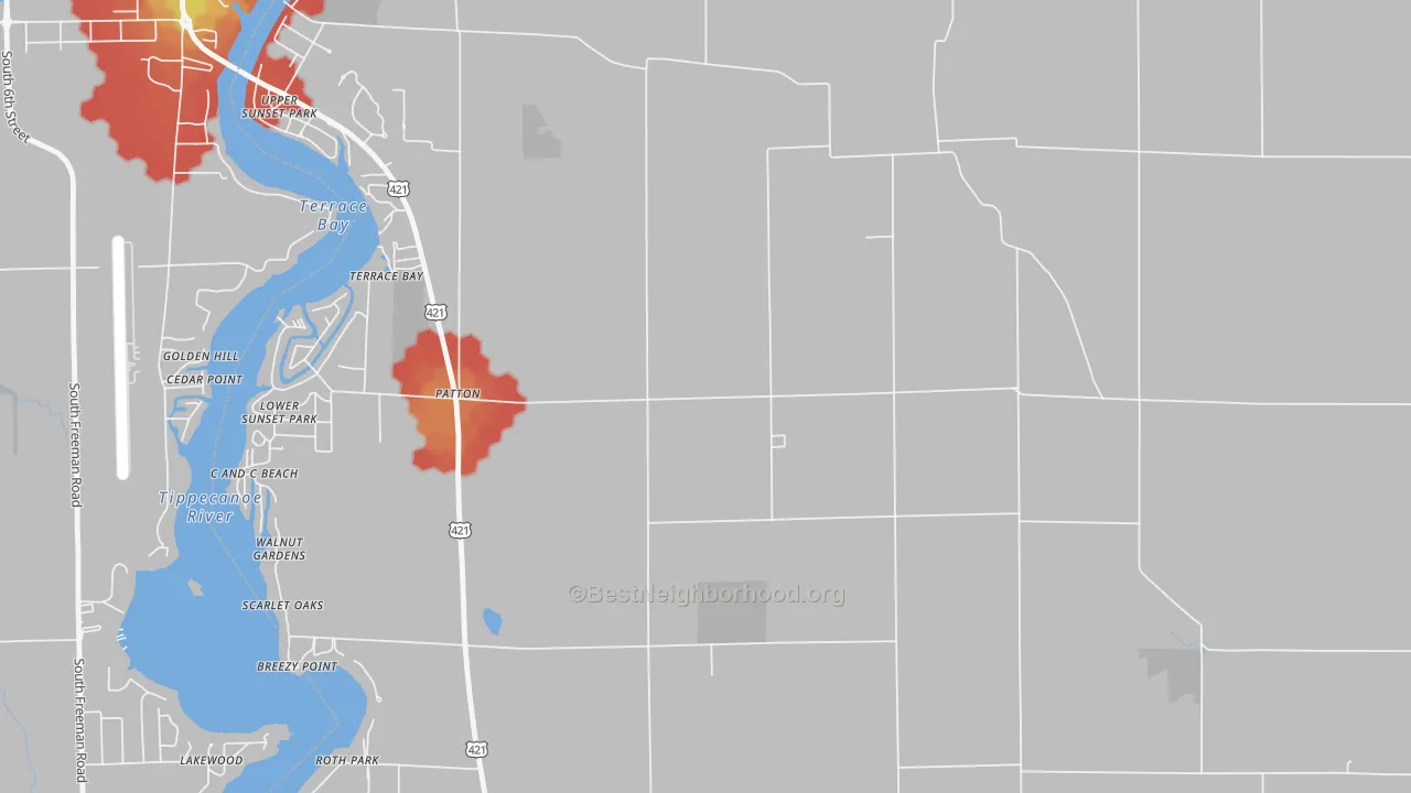 Walk Grade map of Patton, IN, walkable areas in green and car-dependent areas in red