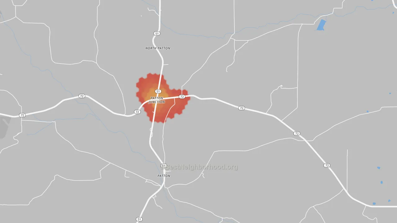 Walk Grade map of Patton Junction, MO, walkable areas in green and car-dependent areas in red