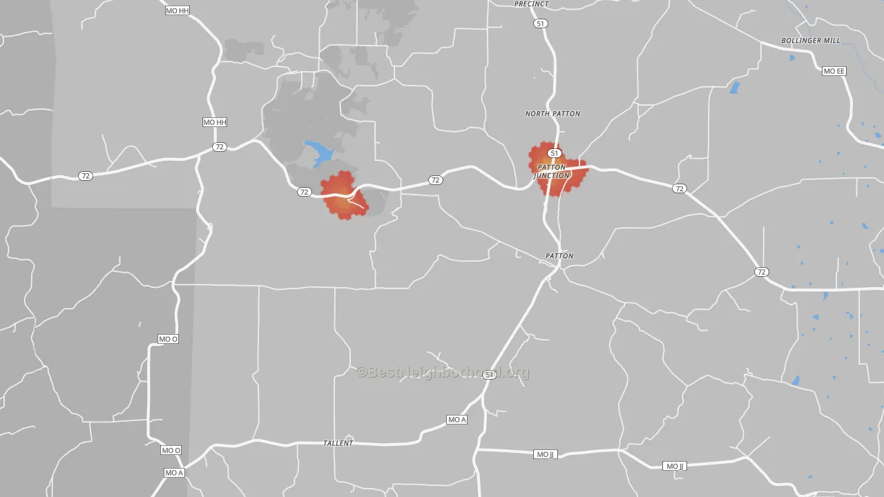 Walk Grade map of Patton, MO, walkable areas in green and car-dependent areas in red