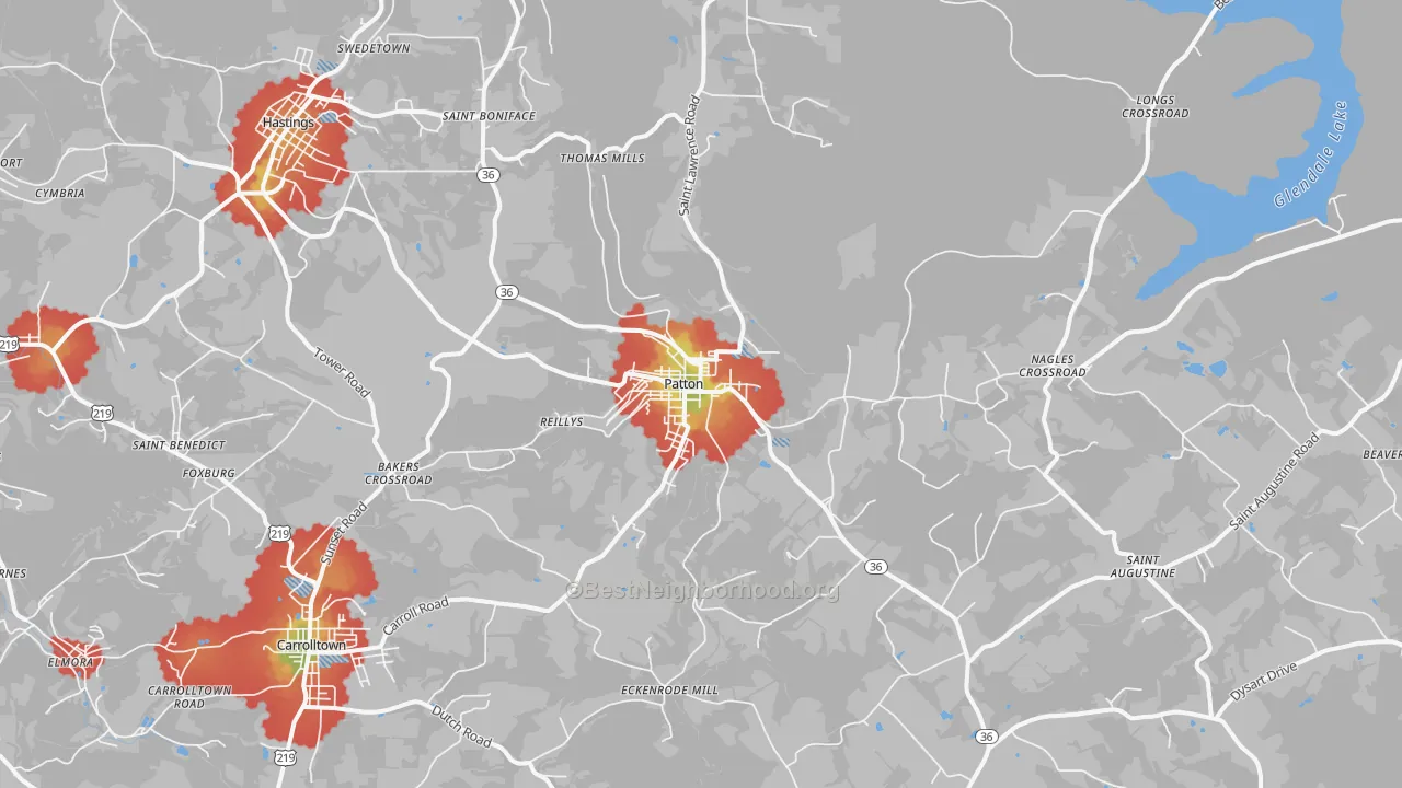 Walk Grade map of Patton, PA, walkable areas in green and car-dependent areas in red