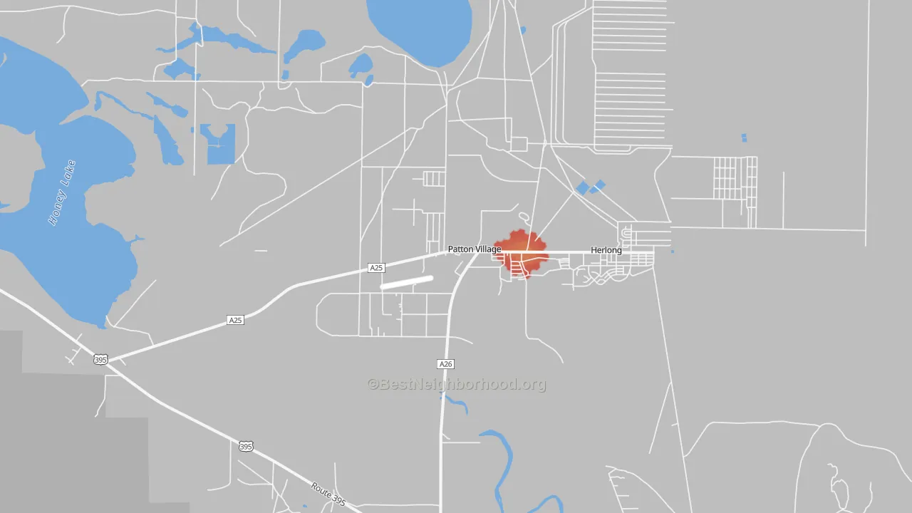 Walk Grade map of Patton Village, CA, walkable areas in green and car-dependent areas in red