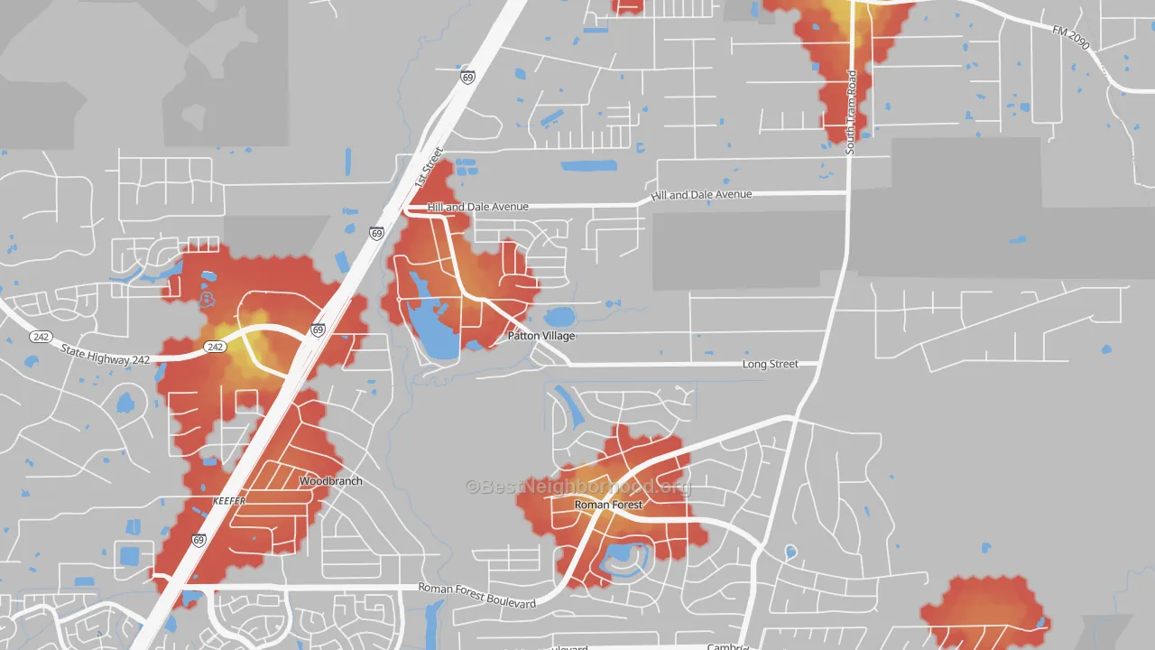Walk Grade map of Patton Village, TX, walkable areas in green and car-dependent areas in red
