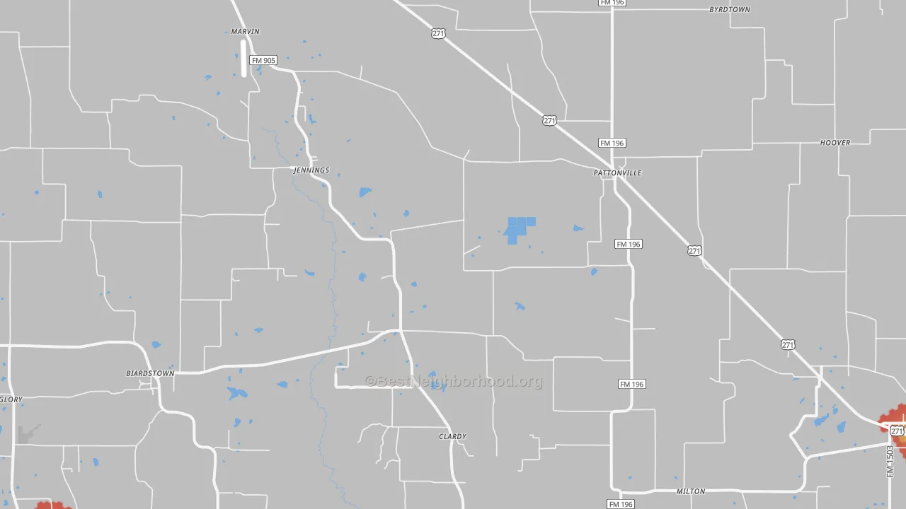 Walk Grade map of Pattonville, TX, walkable areas in green and car-dependent areas in red