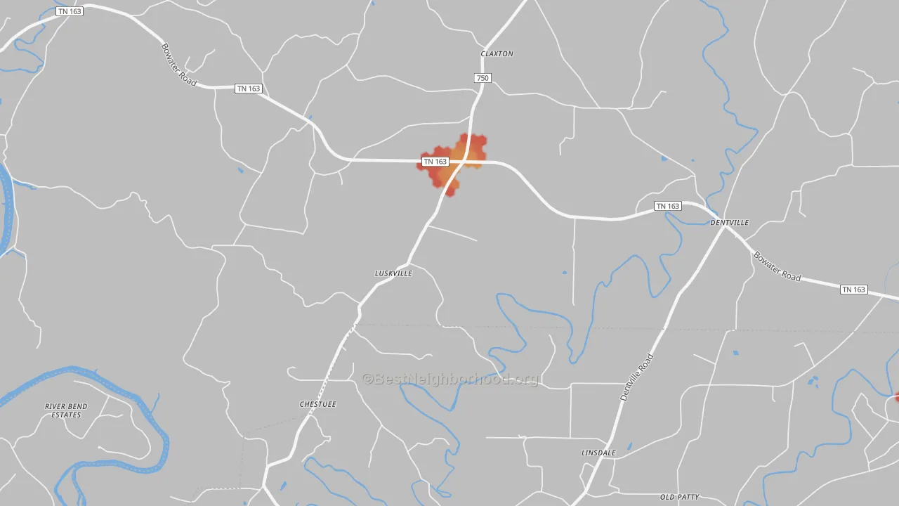 Walk Grade map of Patty, TN, walkable areas in green and car-dependent areas in red
