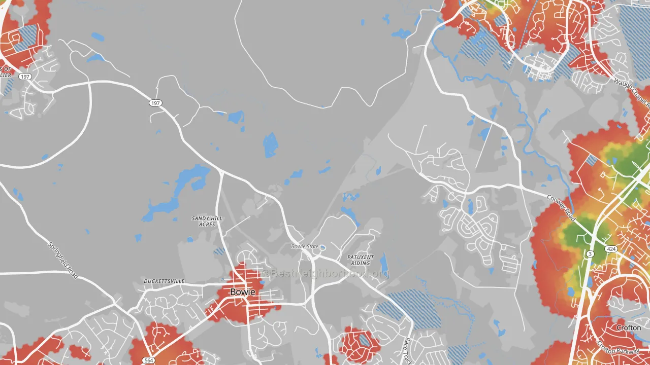 Walk Grade map of Patuxent, MD, walkable areas in green and car-dependent areas in red