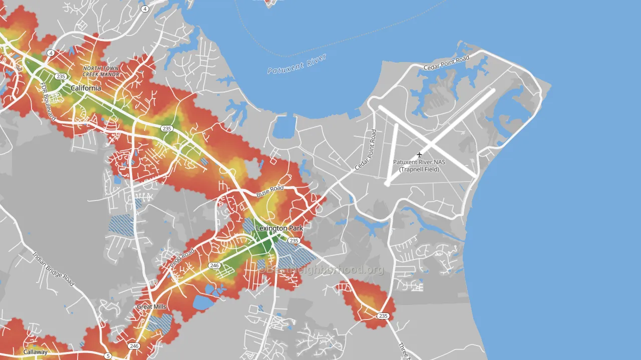 Walk Grade map of Patuxent River, MD, walkable areas in green and car-dependent areas in red