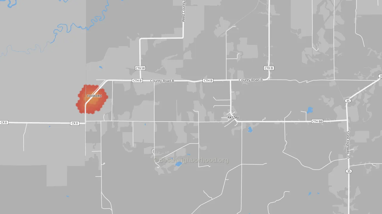 Walk Grade map of Patzau, WI, walkable areas in green and car-dependent areas in red