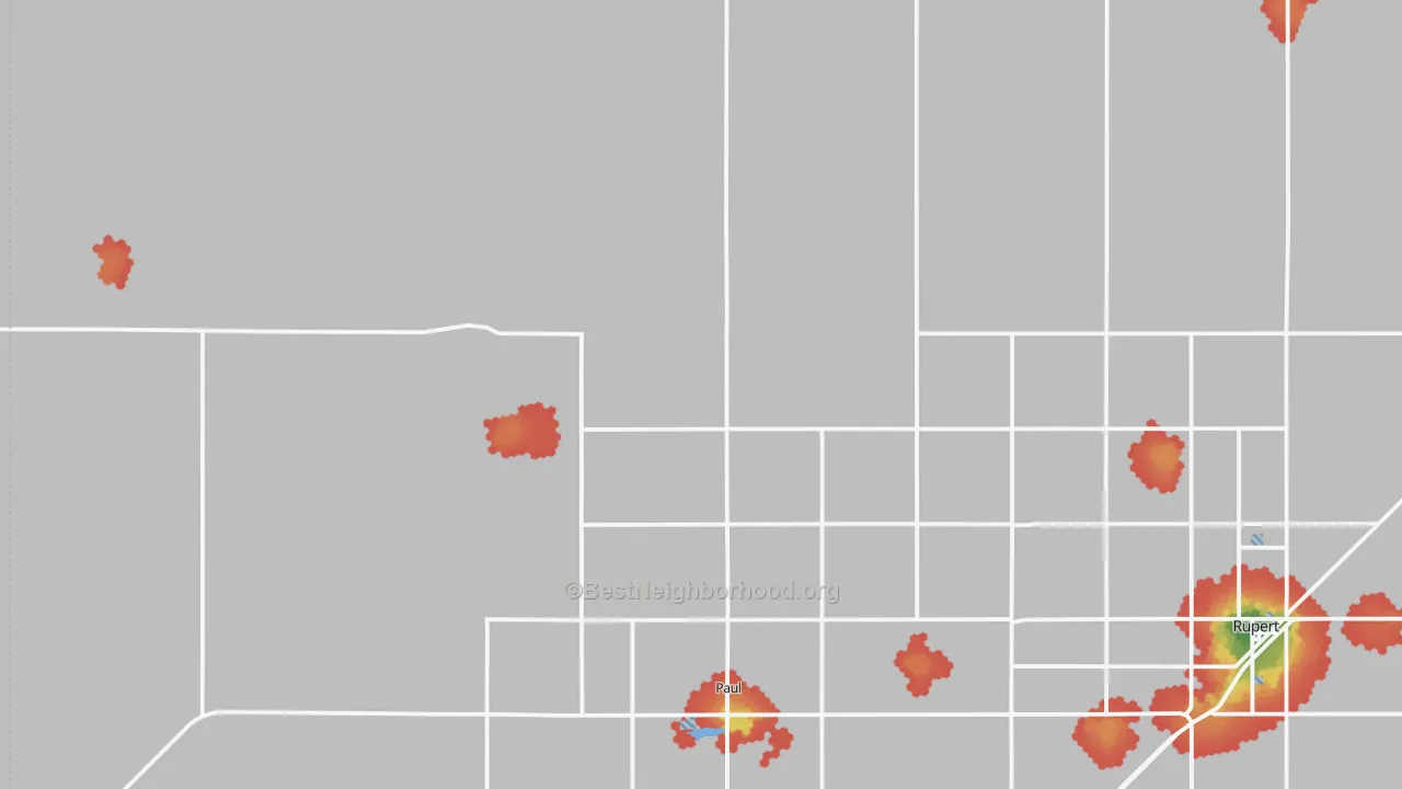 Walk Grade map of Paul, ID, walkable areas in green and car-dependent areas in red