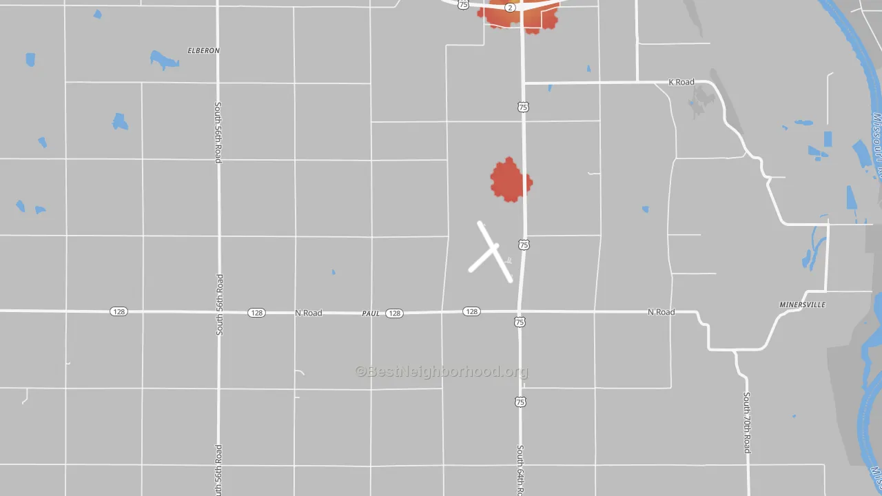 Walk Grade map of Paul, NE, walkable areas in green and car-dependent areas in red
